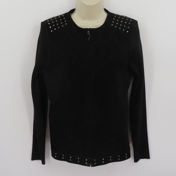 Escapade Women Large Y2K Black Suede Leather Knit Zippered Light Jacket Coat - Picture 12 of 12